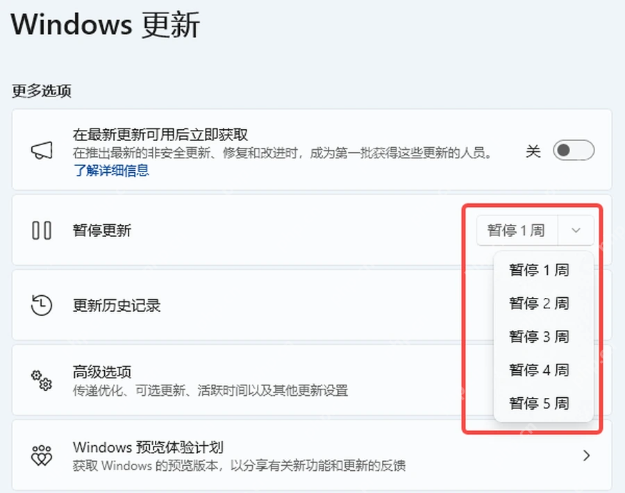 Win11 Windows 更新页面暂停更新选项