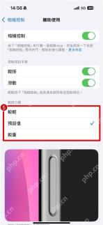 iPhone 辅助功能的相机控制页面,相机控制总开关和轻按滑动开关均已打开