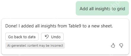 Excel Copilot 提示已将全部数据洞察添加到新的工作表