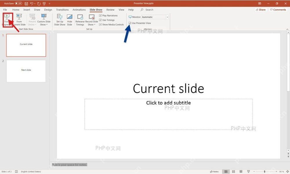 PowerPoint 幻灯片放映选项卡左侧从头开始按钮被红框标出