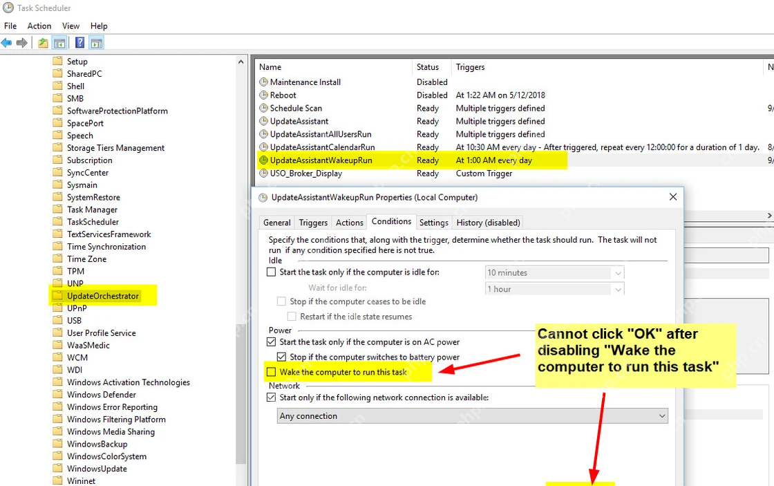 Win10 UpdateAssistantWakeupRun 任务条件中取消唤醒运行