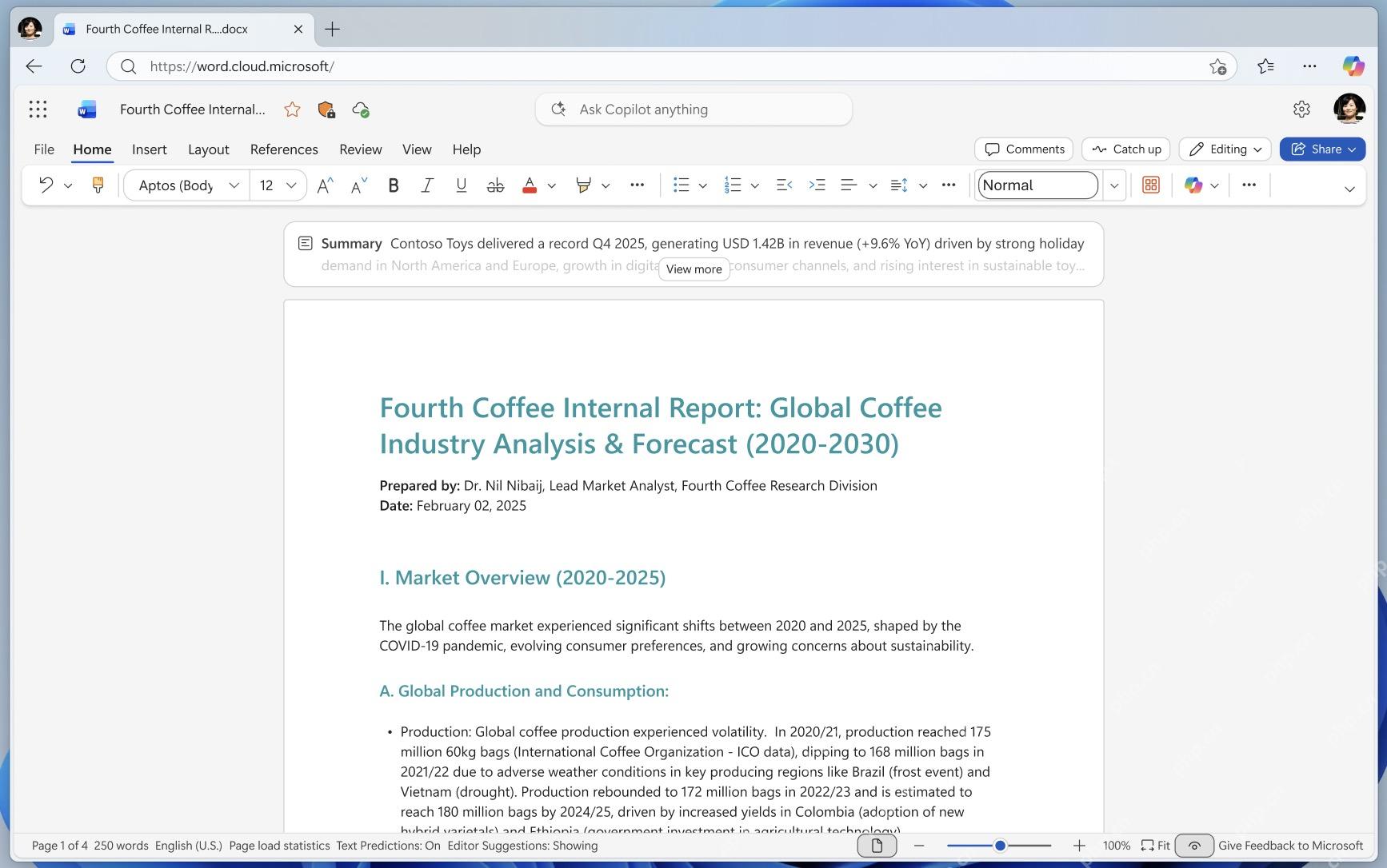 Word 网页版中打开保存在云端的长文档并显示 Copilot 摘要入口