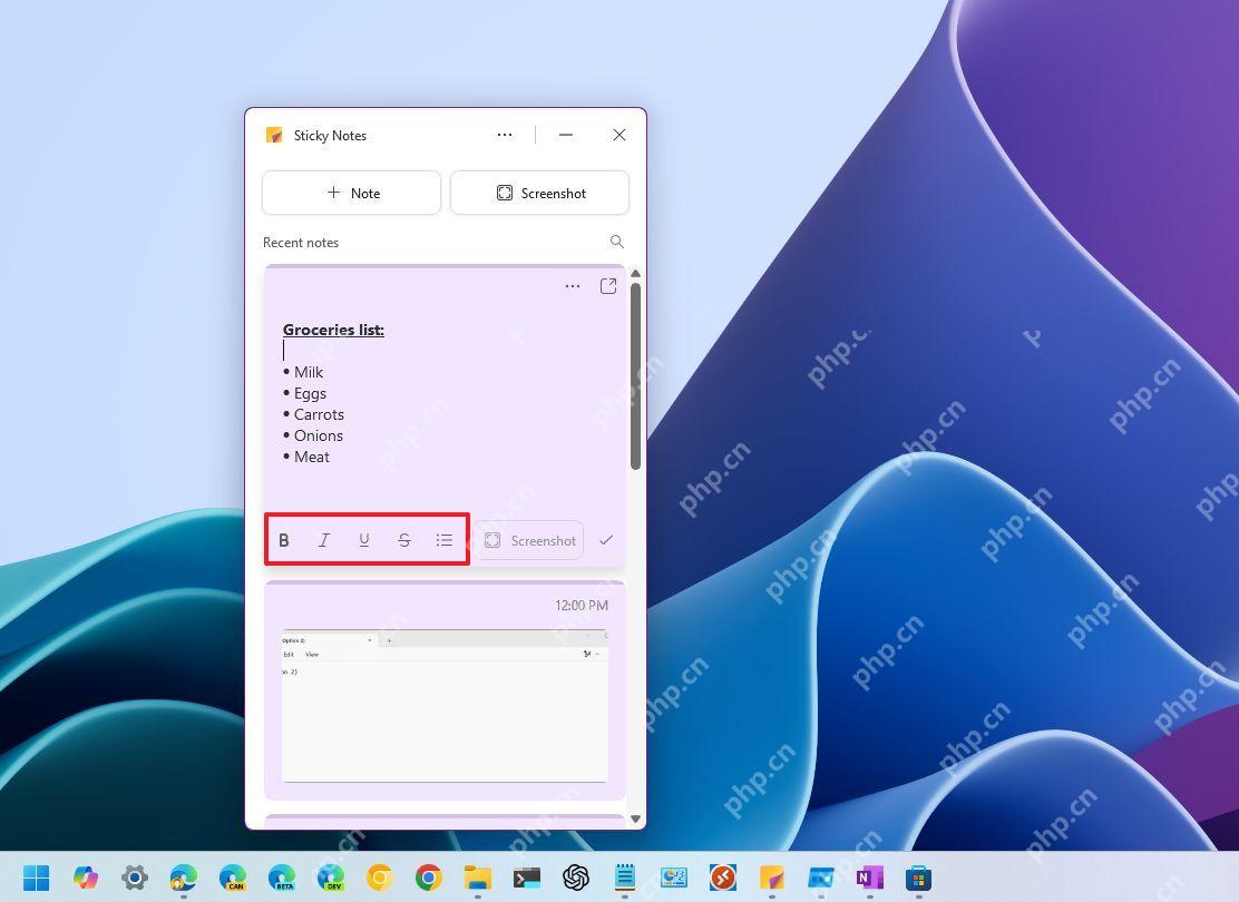 Windows 11 Sticky Notes 中用列表按钮创建购物清单