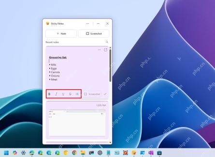Windows 11 Sticky Notes 中用列表按钮创建购物清单