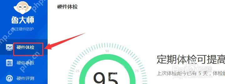 Windows 桌面环境下的鲁大师主界面左侧已高亮“硬件体检”,中间区域显示体检首页内容,证明检测界面空白时可切换到硬件体检判断是否只是单个检测标签失载。