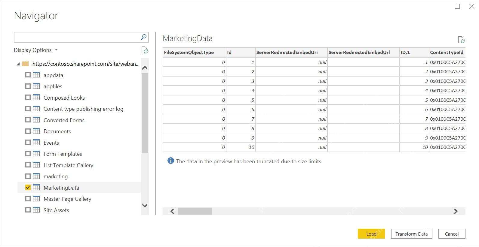 Power BI 导航器列出 SharePoint 站点中的列表并预览 MarketingData 数据