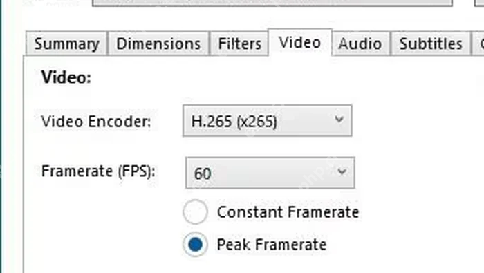 HandBrake Video 页显示 Constant Framerate 和 Peak Framerate 选项