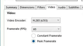 HandBrake Video 页显示 Constant Framerate 和 Peak Framerate 选项
