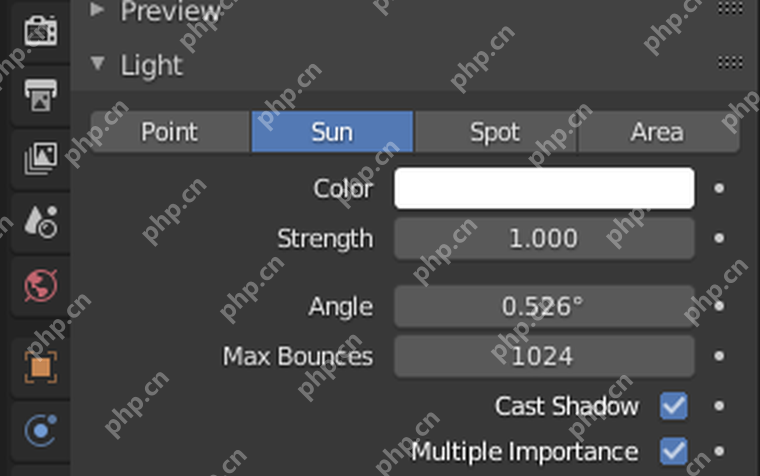 Blender Sun 灯光属性面板显示 Strength 和 Angle 参数