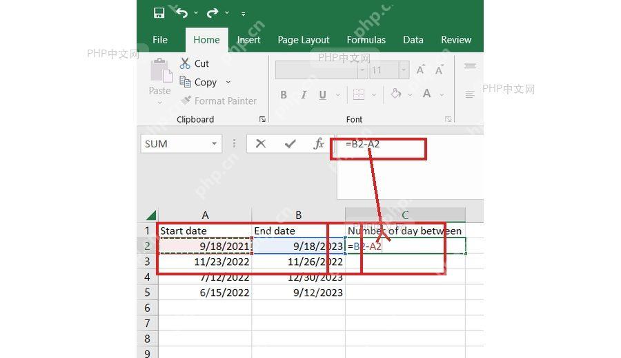 Excel 工作表中开始日期和结束日期列已选中,公式栏显示结束日期减开始日期的计算入口