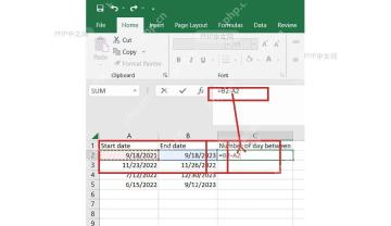 Excel 工作表中开始日期和结束日期列已选中，公式栏显示结束日期减开始日期的计算入口