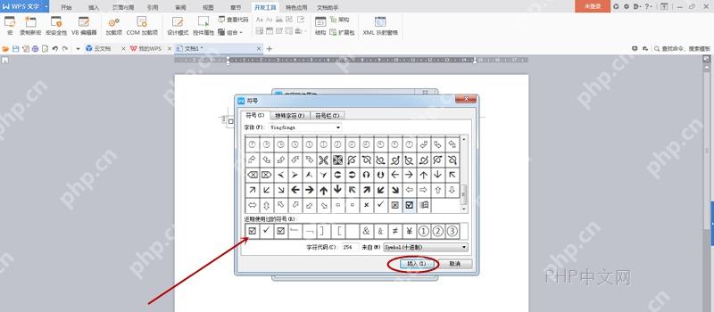 WPS 符号窗口中选择复选框勾选符号并准备插入