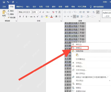 Word中选中整页内容后右键复制