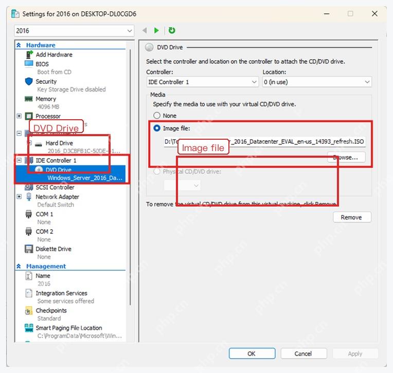 Hyper-V 设置中 DVD Drive 挂载 ISO 映像文件