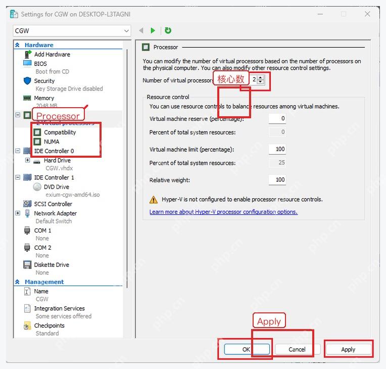Hyper-V 虚拟机设置中的 Processor 处理器核心数量