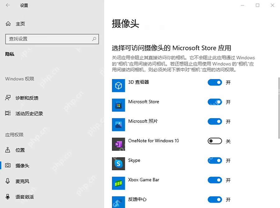 Windows10 相机权限页中的单个应用访问开关列表