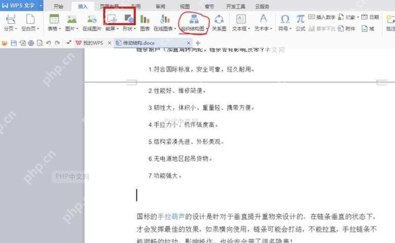 WPS文字顶部功能区中的插入选项卡用于绘制组织结构图
