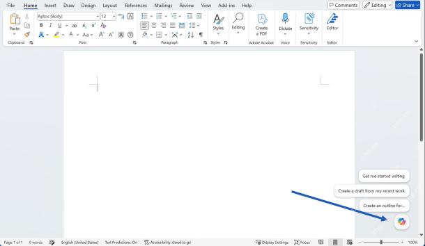 Word 文档右下角显示 Copilot 动态操作按钮用于打开写作入口