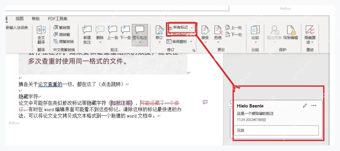 Word 审阅区域显示批注按钮与右侧批注卡片，用于确认批注框已展开