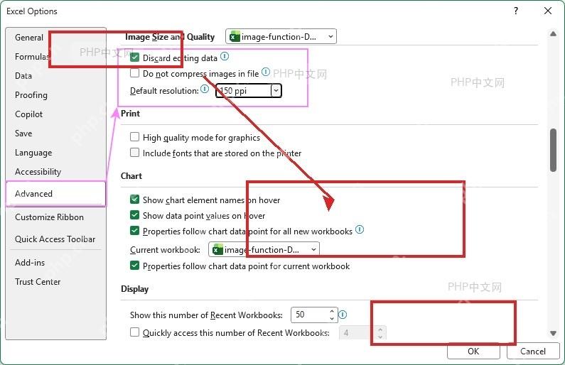 Excel 选项高级页面中的图像大小和质量设置