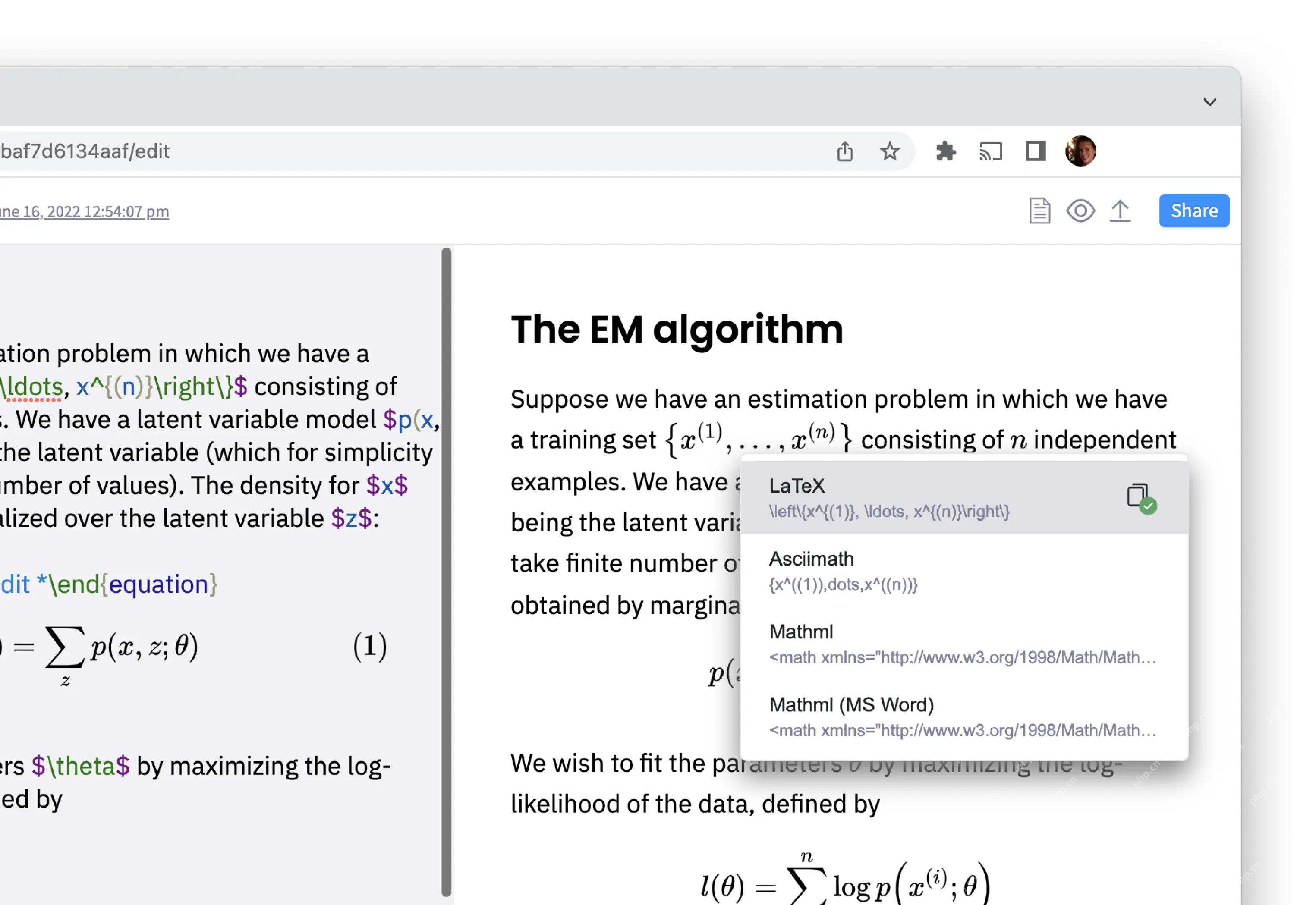 Mathpix 选择 LaTeX 和 MathML 等公式复制格式