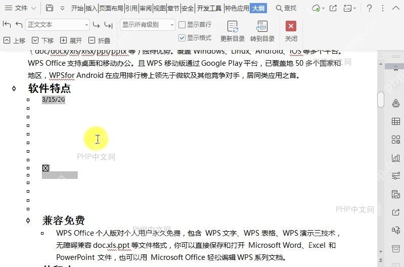 在文档大纲视图中如何转到目录?中间操作