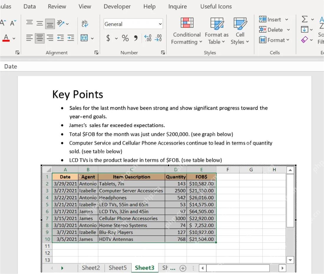 Word 中嵌入的 Excel 表格对象处于可编辑状态