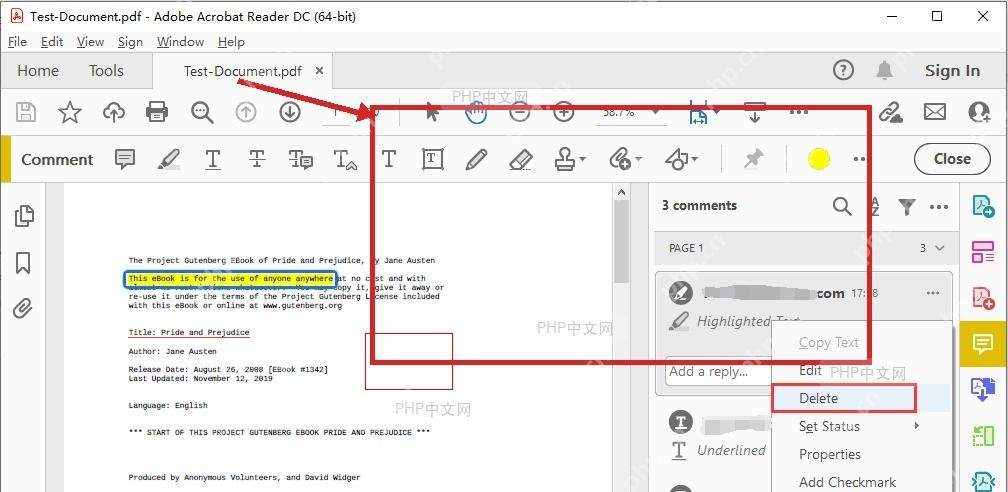 PDF 编辑器中选中页面里的黄色区域高亮和注释工具栏