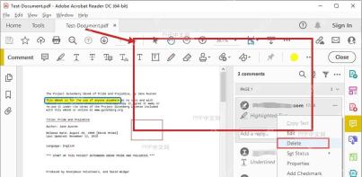 PDF 编辑器中选中页面里的黄色区域高亮和注释工具栏