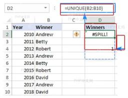 Excel UNIQUE 公式返回 #SPILL 时检查结果区域是否被占用