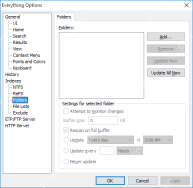 把额外文件夹手动补进索引。 Everything Options 的 Folders 页面,右侧有 Add 与 Update All Now 按钮。 Folders 页提供 Add 按钮来新增目录。