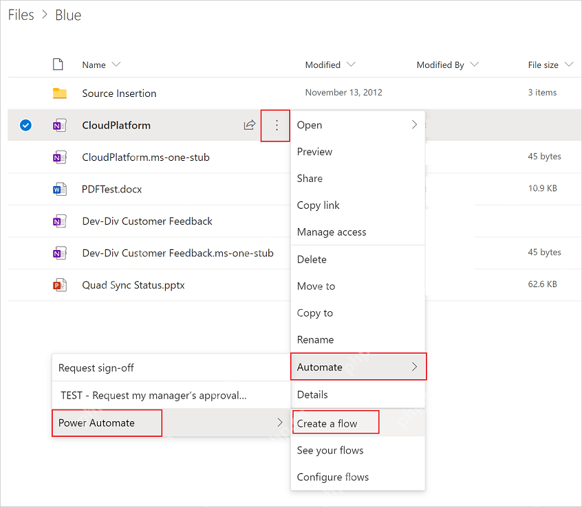 OneDrive 文件菜单中通过 Automate 和 Power Automate 创建流的入口