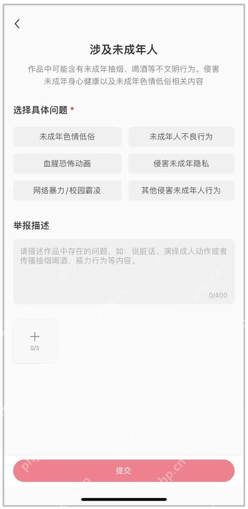 中文移动端举报页面,选择具体问题、举报描述、上传截图和提交按钮清晰可见