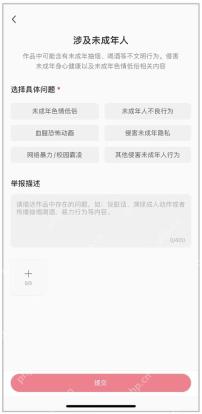 中文移动端举报页面,选择具体问题、举报描述、上传截图和提交按钮清晰可见