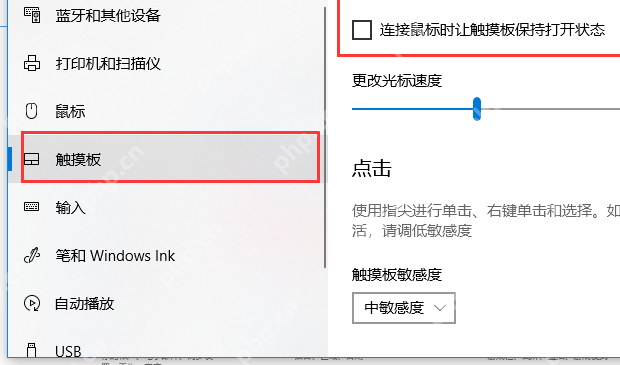 Win10 触摸板页面中的光标速度和触摸板选项