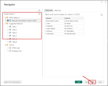 Power BI Navigator 导航器中勾选表并预览数据后选择加载或转换数据