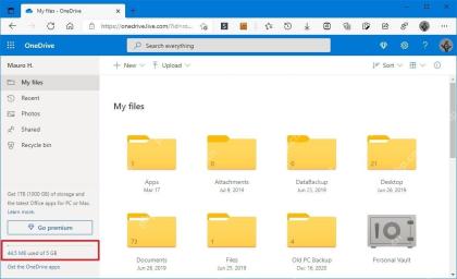 OneDrive网页端左下角显示44.5MB used of 5GB存储用量,用于确认空间大小