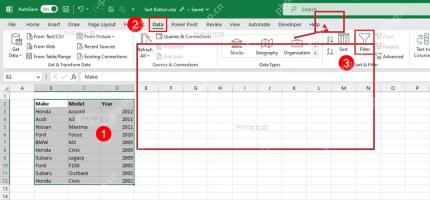 Excel 工作表中选中数据区域并定位到筛选按钮