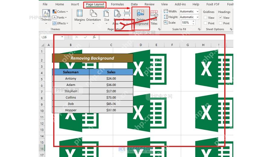 Excel 页面布局中删除背景按钮被标出,用于清除已经插入的工作表背景图