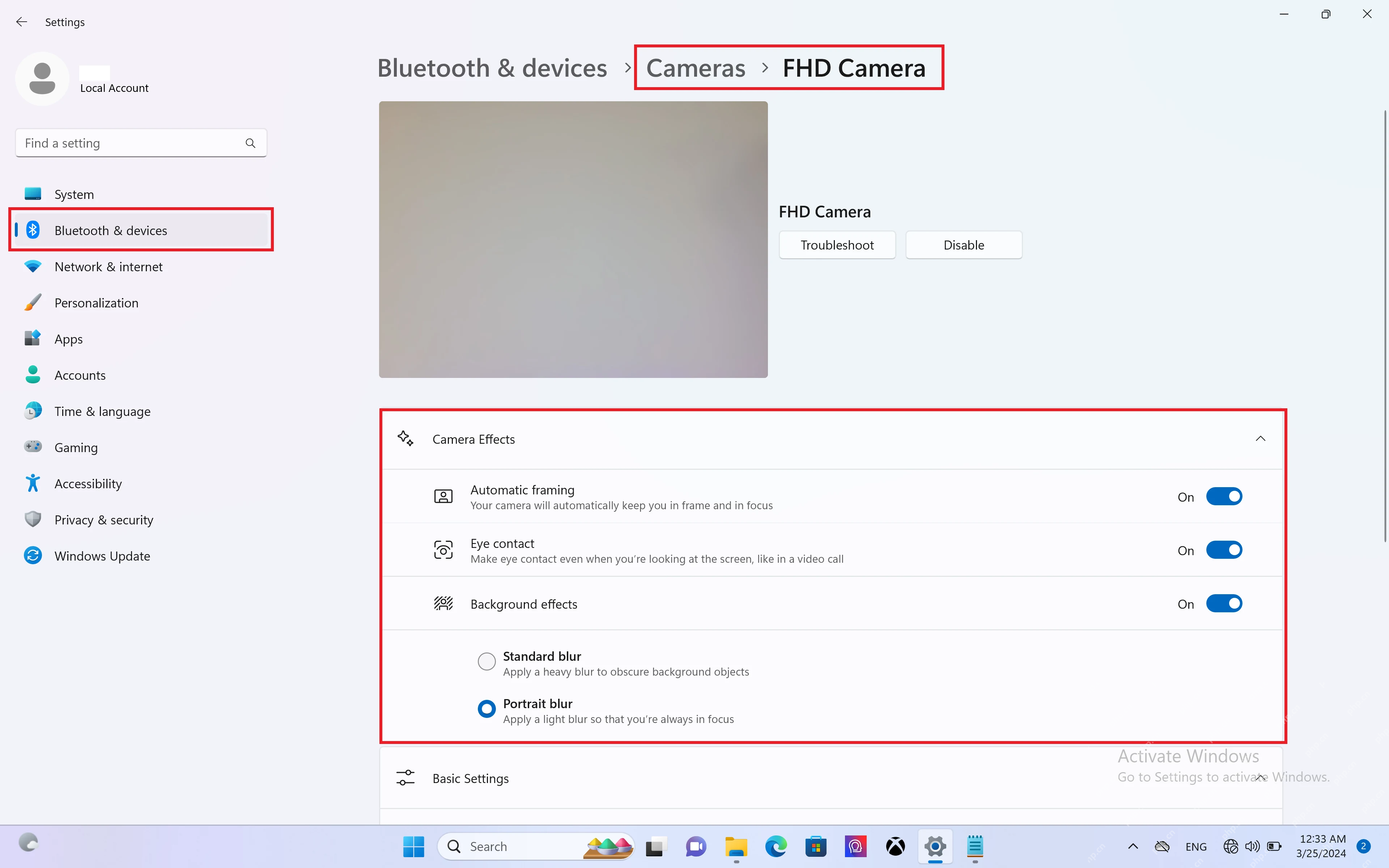 Win11 摄像头效果页面中的 Camera Effects 区域