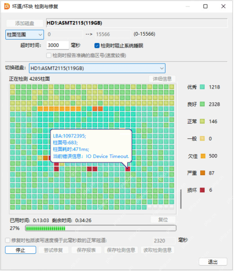 Windows中文 DiskGenius 坏道检测结果界面显示红色损坏标记,证明硬盘检测过程中已经识别到坏道位置。
