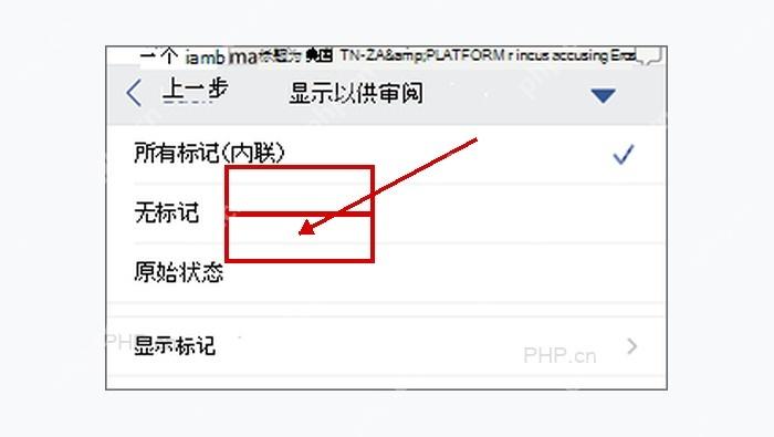 Word 标记显示菜单中查看无标记和所有标记状态的步骤图