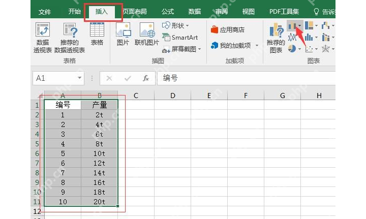 Excel 选中数据区域后在插入选项卡中选择柱形图