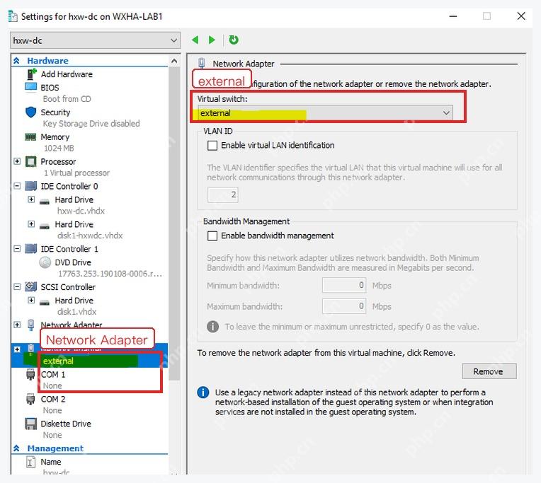 Hyper-V 虚拟机设置中 Network Adapter 连接到 external 外部交换机