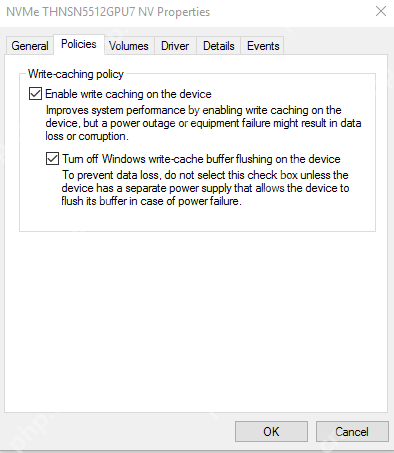 Windows 磁盘 Policies 页中显示 Turn off Windows write-cache buffer flushing on the device 选项