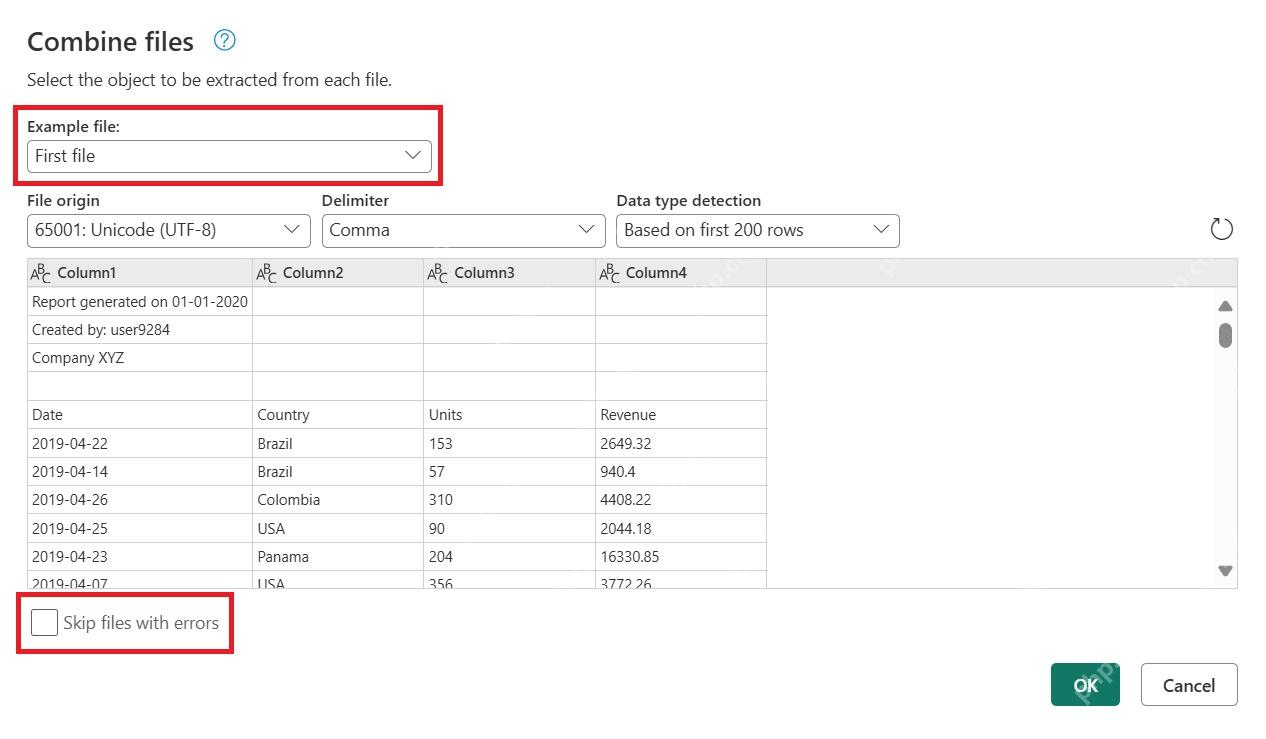 Power Query 合并文件对话框,显示示例文件和可选择的文件对象