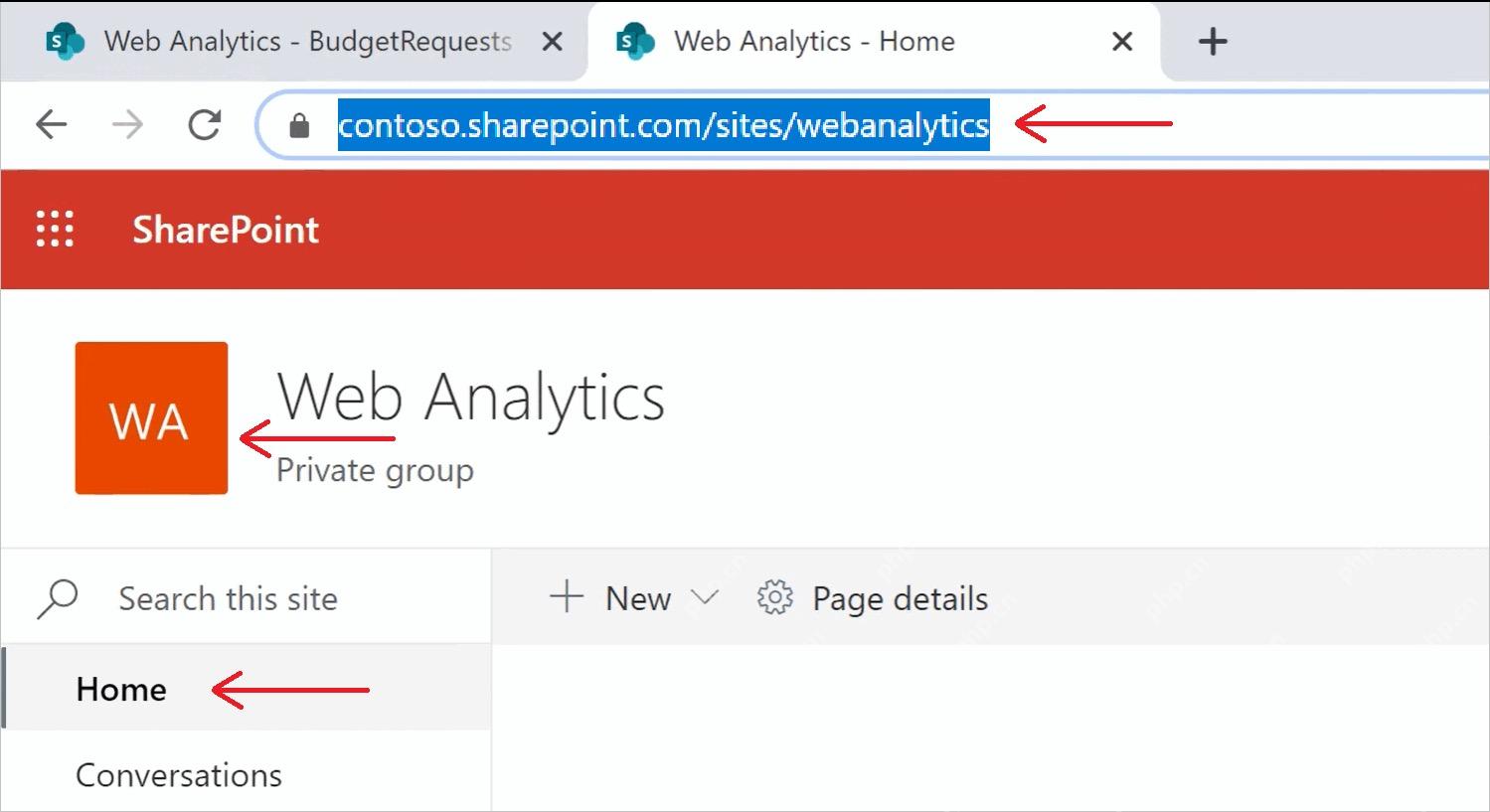 SharePoint 页面地址栏显示用于连接 Power BI 的站点级 URL