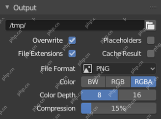 Blender Output 面板显示输出路径、文件格式和颜色模式