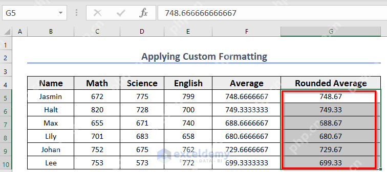 Excel 表格中数字经过格式设置后显示为两位小数结果