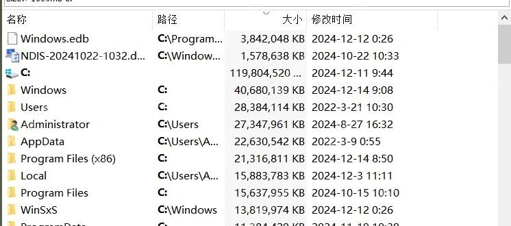 大小列清楚可见,可核对筛选结果。 Everything 中文结果列表显示名称、路径、大小和修改时间列。